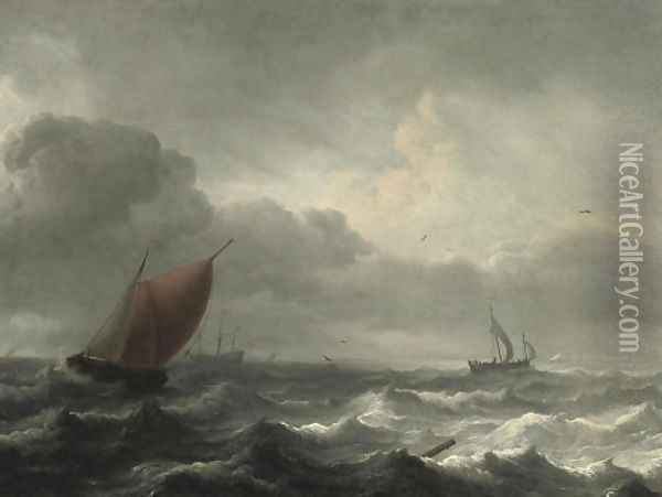 A three-master in choppy waters, a coast beyond Oil Painting - Aernout Smit