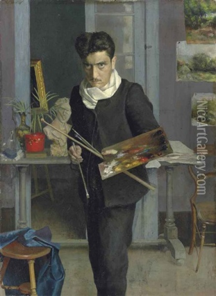 Self-portrait Of The Artist In His Studio Oil Painting - Julio Romero De Torres