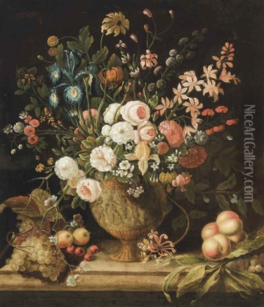 A Still Life With Peonies, Roses, Blue And Yellow Irises, Orchids, Daisies And Other Flowers In An Ornate Urn, On A Table With Grapes, Apples, Honeysuckle And Cherries Oil Painting - Tobias Stranovius