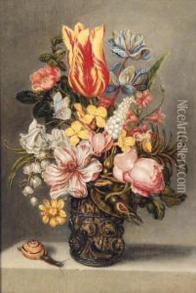 Parrot Tulips, A Dog Rose, A 
Peonie, Buttercups And Lily Of Thevalley In A Roemer On A Stone Ledge 
With A Butterfly And Asnail Oil Painting - Ambrosius the Elder Bosschaert