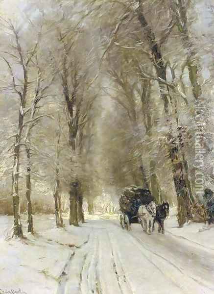 A horse drawn cart on a snowcovered forest track Oil Painting - Louis Apol