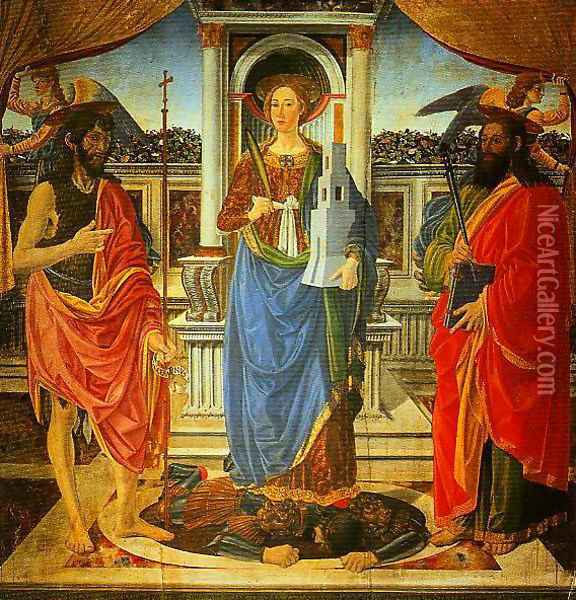 St Barbara between SS John the Bapist and Matthew Oil Painting - Cosimo Rosselli