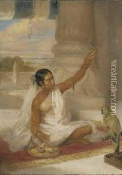 A Hindu Girl Seated Cross-legged Spinning Watched By A Parrot Oil Painting - Arthur William Devis