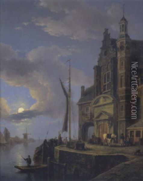 Ein Hollandischer Flushafen Mit Booten, Einem Pferdefuhrwerk Und Figuren Oil Painting - Pieter Daniel van der Burgh