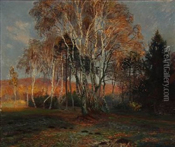 Autumn Day With Birch Trees In A Forest Glade Oil Painting - Olaf Viggo Peter Langer