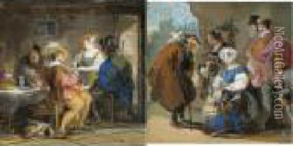 Interno Di Osteria; Contadine, Pastore E Gentiluomo Oil Painting - Giuseppe Bernardino Bison