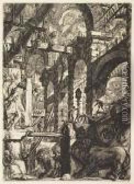 Perspective Of Roman Arches With Two Lions Oil Painting - Giovanni Battista Piranesi