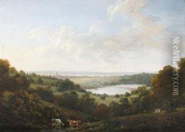 View Of Southampton Across The River Itchen With Southampton Water Beyond Oil Painting - John Young