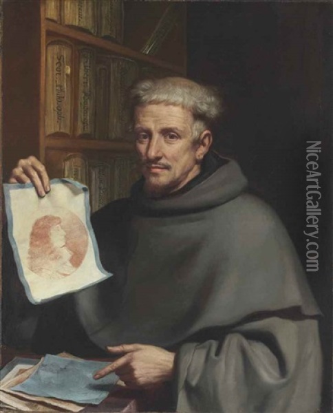 Portrait Of Fra Bonaventura Bisi (1601-1659), Called Il Pittorino, Half-length, Holding A Drawing Of Alfonso Iv, Duke Of Modena Oil Painting -  Guercino