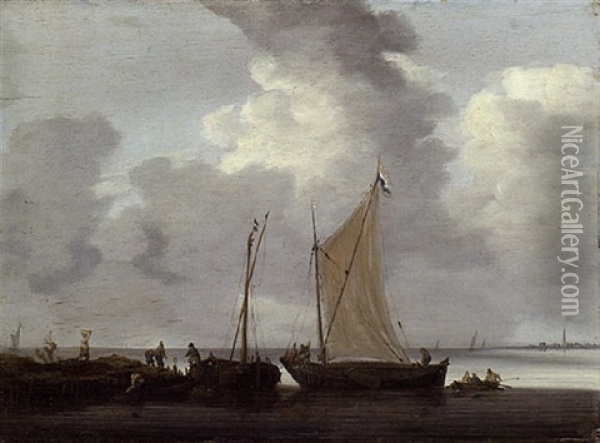 Fishermen Unloading Their Catch In Calm Waters Oil Painting - Jeronymus Van Diest