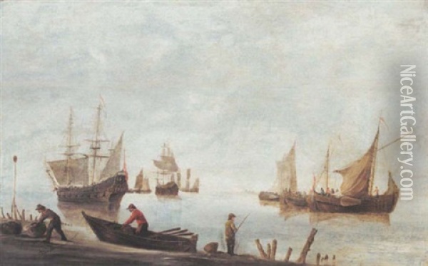 Shipping In A Calm, With Fishermen Fishing And Unloading Their Catch In The Foreground Oil Painting - Hendrik Jacobsz Dubbels