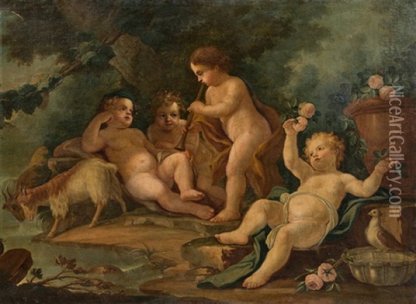 Playing Putti In Landscape Oil Painting - Peter Strudel