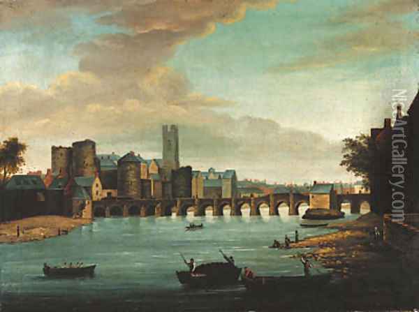 A view of Limerick with Old Thomond bridge, King John's castle and St. Mary's cathedral, with figures and boats in the foreground Oil Painting - Samuel Frederick Brocas