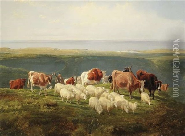 Weideauftrieb Einer Kuh- Und Schafherde An Einer Meereskuste Oil Painting - Friedrich Wilhelm Keyl