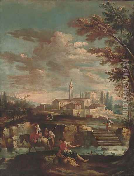 An Italianate river landscape with travellers and an angler on a river bank, a town beyond Oil Painting - Gianbattista Cimaroli