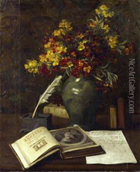 Fleurs Dans Un Vase Sur Un Bureau Et Livre Ouvert Oil Painting - Emma de Vigne