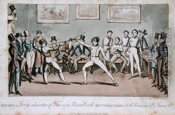 Fencing - Jerry's Admiration Of 
Tom In An Assulat With Mr O'shaunessy, At The Rooms In St James's St. Oil Painting - I. Robert and George Cruikshank