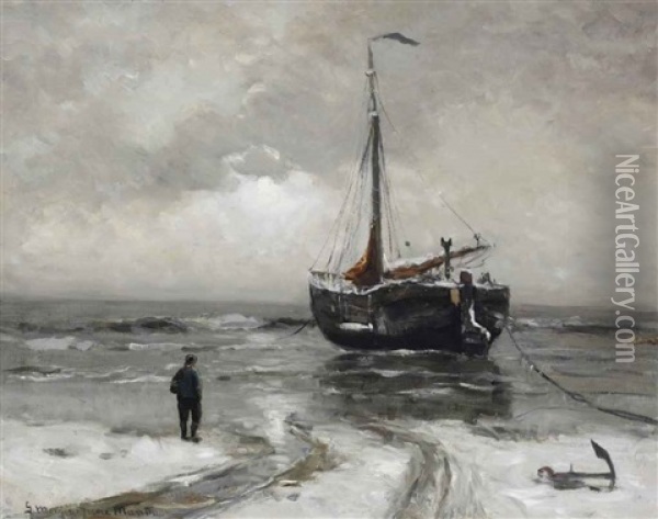 A Bomschuit Anchored In Winter Oil Painting - Gerhard Arij Ludwig Morgenstjerne Munthe
