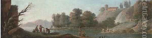 A river landscape with fishermen and washerwomen Oil Painting - Hendrik Frans van Lint (Studio Lo)