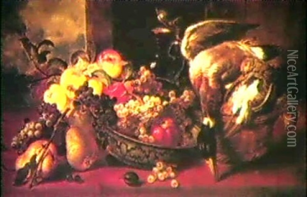 Fruchtestilleben Mit Geflugel Und Krug Oil Painting - Ludwig Adam Kunz