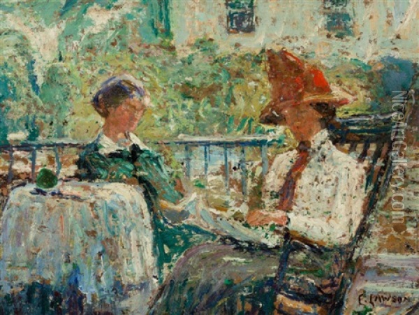 Artist's Wife And Daughter On A Porch Oil Painting - Ernest Lawson