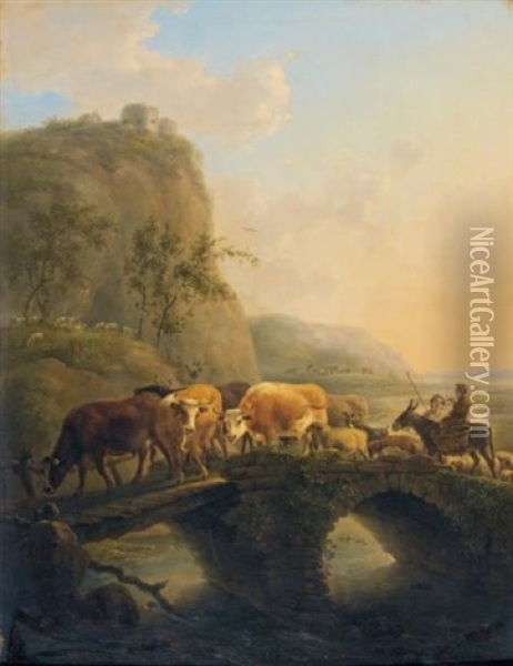 Berger Et Son Troupeau Traversant Un Pont Oil Painting - Jean-Baptiste De Roy