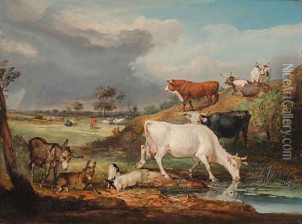 Cattle, Donkeys and Pigs by a Pool Oil Painting - James Ward