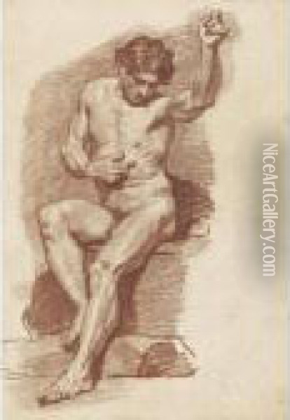 Study Of A Seated Male Nude, His Left Arm Raised Oil Painting - Robert Ango