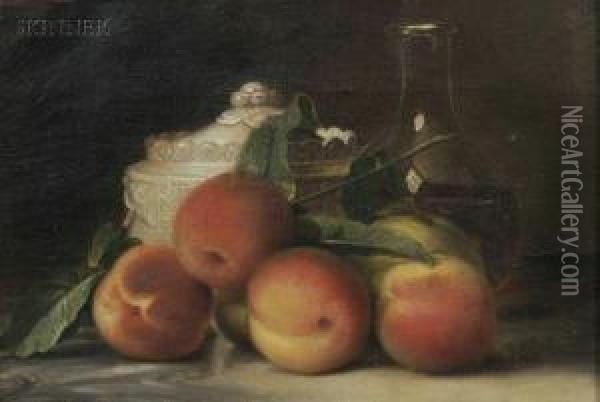 Still Life With Peaches, Wine And Biscuit Jar Oil Painting - Raphaelle Peale