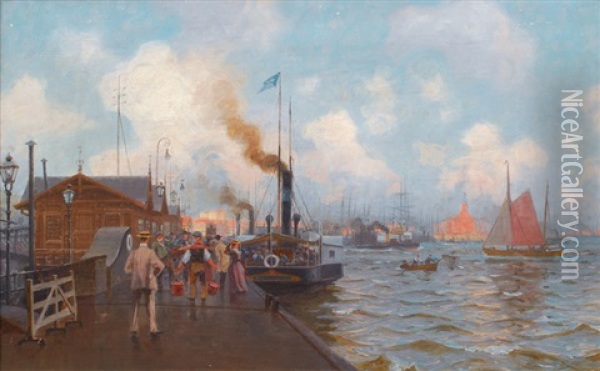 The Old Landungsbrucken With Paddle Steamer Oil Painting - Robert Gleich