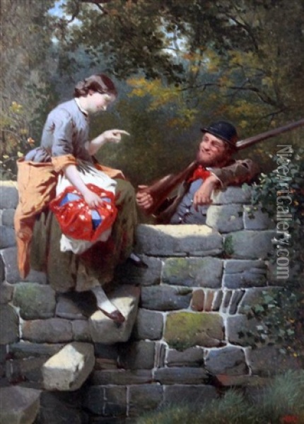 Maid And Gamekeeper Conversing At A Stile Oil Painting - William Edward Millner