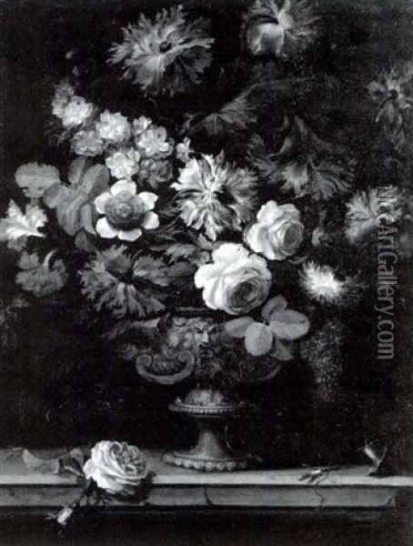 Still Life Of Carnations, Roses And Other Flowers In An     Elaborate Metal Vase On A Ledge Oil Painting - Jean-Baptiste Monnoyer