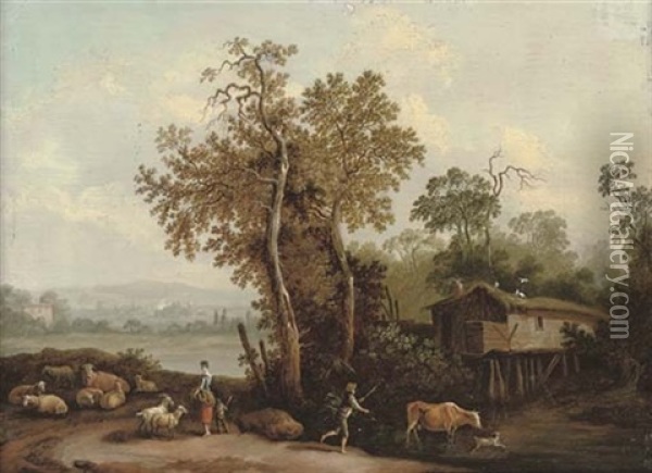 A Wooded River Landscape With A Shepherd And Shepherdess With Their Flock And Cattle Oil Painting - Franz de Paula Ferg