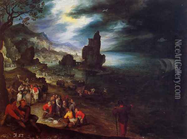 Coastal Landscape with the Sacrifice of Jonas Oil Painting - Jan The Elder Brueghel