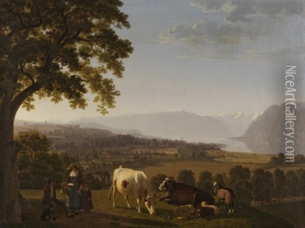 Gegend Bei Lausanne Mit Blick Auf Den Genfersee Oil Painting - Johann Jakob Biedermann
