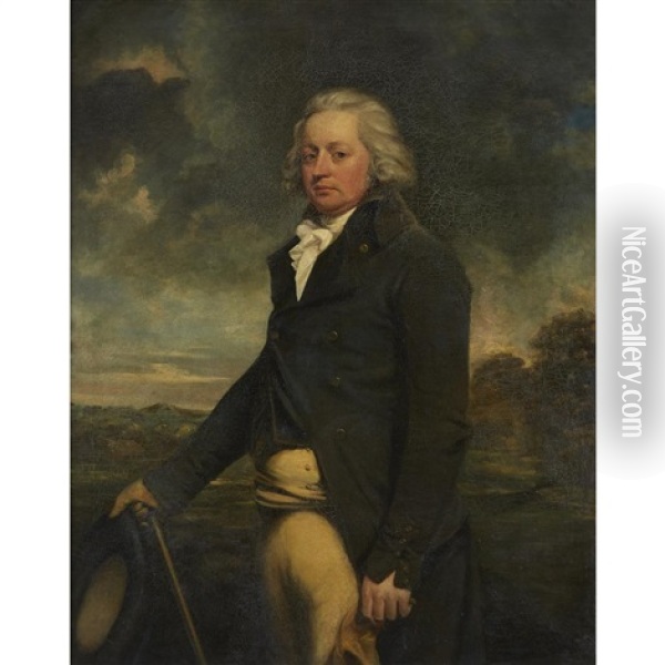 Portrait Of A Gentleman, Thought To Be Henry Wilson, Three-quarter Length, In A Green Coat, Stock And Breeches, Holding His Hat And Walking Cane, In A Landscape Oil Painting - Sir John Hoppner