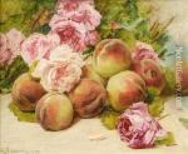 Still Life Ofpeaches And Roses Oil Painting - Georges Jeannin