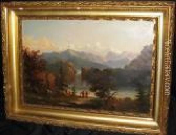 Sierra Mountains With Indians Oil Painting - Albert Bierstadt