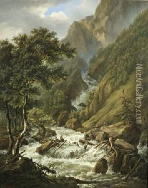 Gebirgslandschaft Mit Wasserfall Oil Painting - Henri Van Assche