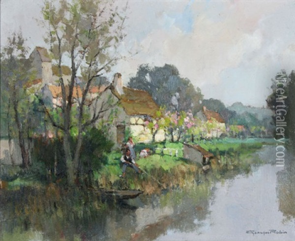 Village De Carannac And Bords De L'eure Pres De Chcherel (pair) Oil Painting - Georges Charles Robin