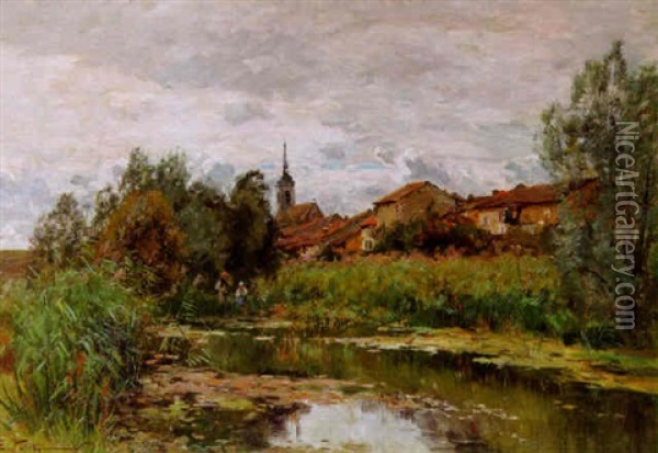 Verschilfter Teich Am Rande Des Dorfes Oil Painting - Edmond Marie Petitjean