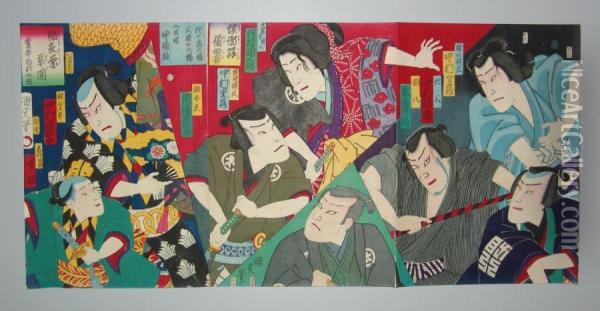 Portrait En Buste De Huit Celebres Acteurs Oil Painting - Utagawa Kunimasa