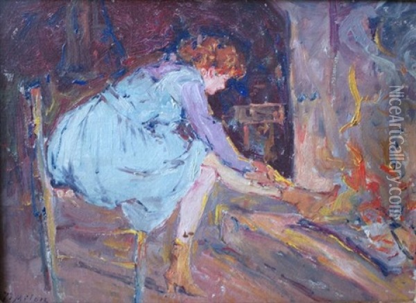 Devant La Flamme Oil Painting - Joseph Milon