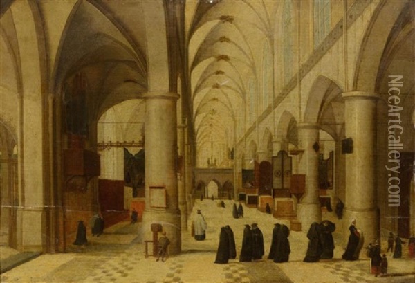 View Inside A Church With Visitors Oil Painting - Abel Grimmer