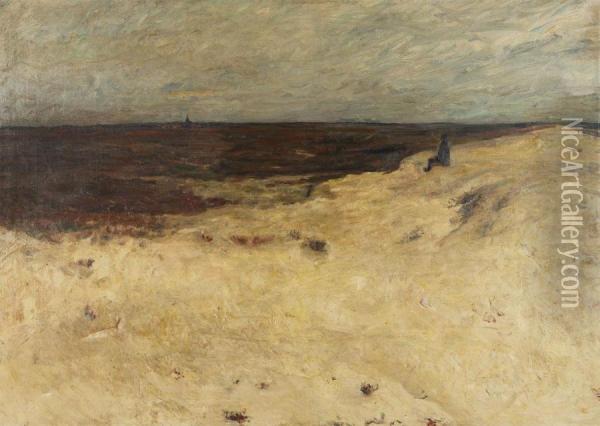 Man In The Dunes Near The Meadow With Village In The Distance Oil Painting - Alois De Laet
