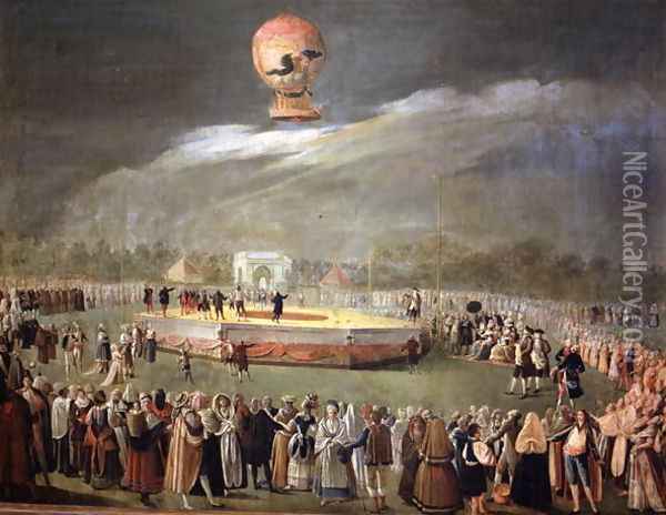 Balloon Ascension in the Gardens of Aranjuez, c.1783 Oil Painting - Louis Carrogis Carmontelle