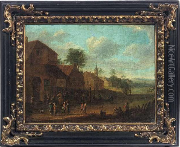 A Flemishvillage With Various Figures. Oil/canvas/canvas Oil Painting - Joseph van Bredael