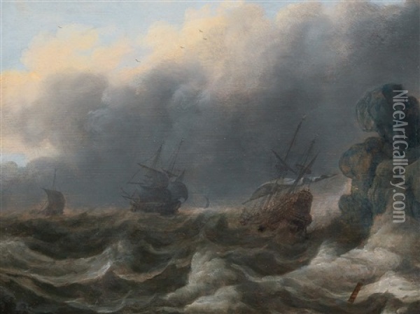 Ships In A Stormy Sea Near A Cliff Oil Painting - Cornelis Leonardsz Stooter