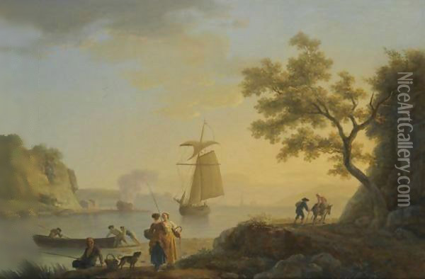 An Extensive Coastal Landscape With Fishermen Unloading Their Boats And Figures Conversing In The Foreground Oil Painting - Claude-joseph Vernet