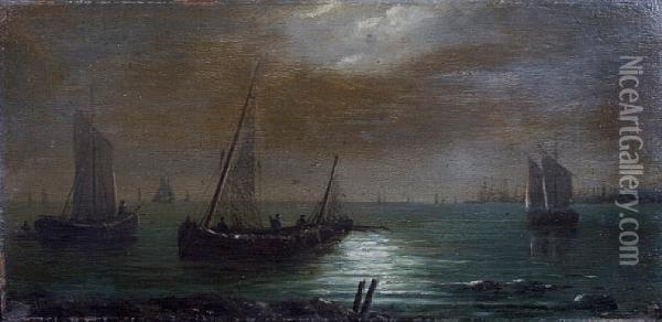 'fishing Boats' - By Moonlight Oil Painting - Walter Meegan